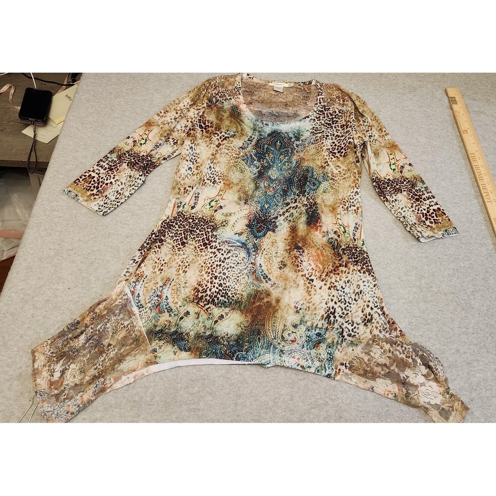 Feratelli Shirt Womens Large Multicolor‎ Paisley Leopard Rhinestone Lace Tunic